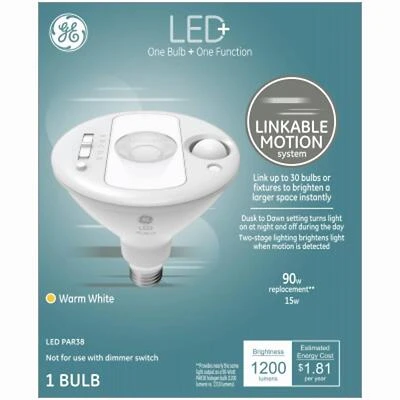 GE 93128971 LED Flood Bulb, Motion Sensor, 15 Watt, PAR38