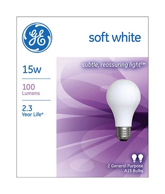 GE 97491 Standard Bulb, 15 W, A15 Lamp, E26 Medium Lamp Base, 100 Lumens, 2500 K Color Temp, White Light