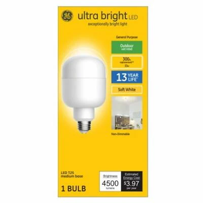 GE 93128935 LED Light Bulb, T25, Soft White, 33 Watt, 4500 Lumens