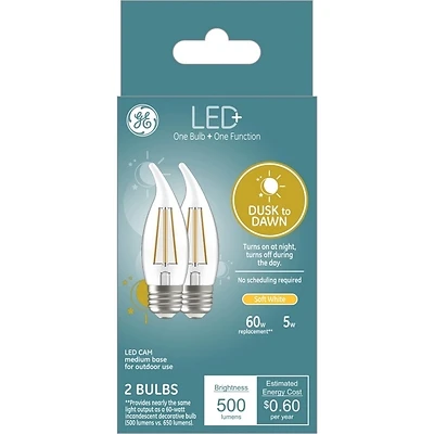 GE LED+ 93121493 Dusk To Dawn Light Bulb, 500 Lumens, 5 W, CAM Lamp, 60 W Equivalent, Medium (E26) Lamp Base, 2/PK