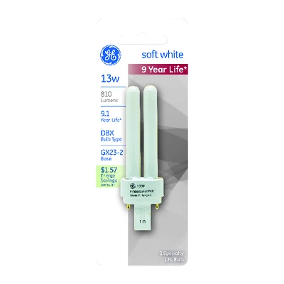 GE 13578 Fluorescent Tube, 13 W, T4 Lamp, GX23-2 Lamp Base, 810 Lumens, 2700 K Color Temp, Soft White Light