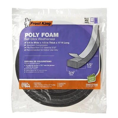 Foam Weatherseal Tape, Charcoal, 3/4 W x 1/2 In. T x 17 Ft.