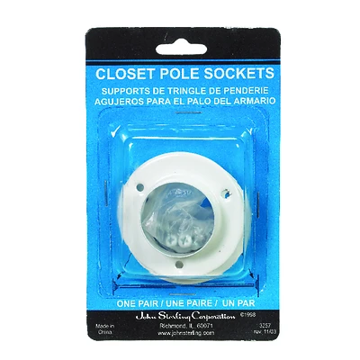 John Sterling Closet Pole Socket, Steel, White, 1-3/8 In., 2-Pack