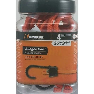 Keeper 06322 Bungee Cord, SST Hook, 36 In., Orange, 4-Pack
