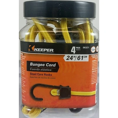 Keeper Bungee Cord, SST Hook, Yellow, 24-In., 4-Pack