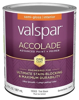 Valspar Accolade 028.0013003.005 Semi-Gloss Interior Wall Paint, Tint Base, 1 Quart