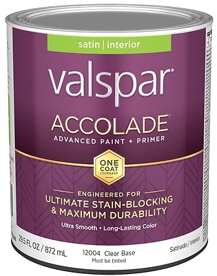 Valspar Accolade 028.0012004.005 Super Premium Interior Wall Paint & Primer, Satin, Clear Base, 1 Qt.