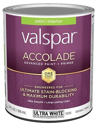 Valspar Accolade Satin Interior Wall Paint, Ultra White, 1 Quart