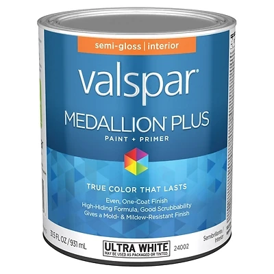 Valspar 028.0024002.005 Medallion Plus Semi-Gloss Interior Paint & Primer, Ultra White, 1 Quart