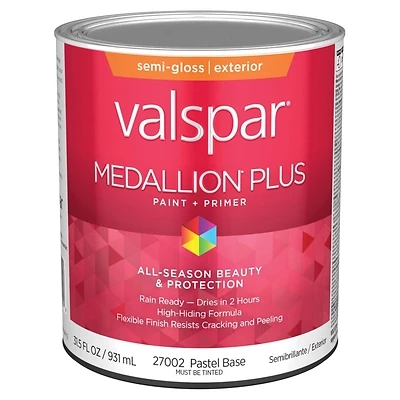 Valspar Medallion Plus 028.0027002.005 Semi-Gloss Exterior Paint & Primer, Pastel Base, 1 Qt