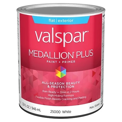 Valspar Medallion Plus 028.0025000.005 Exterior Flat Paint & Primer, White, 1 Qt