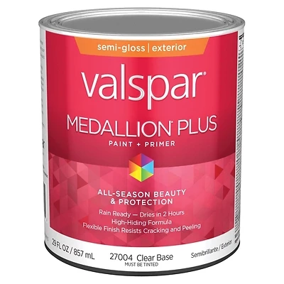 Valspar Medallion Plus 028.0027004.005 Semi-Gloss Exterior Paint & Primer, Clear Base, 1 Qt