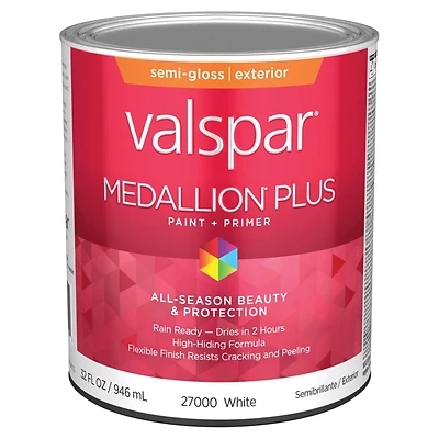 Valspar Medallion Plus Semi-Gloss Exterior Paint & Primer, White, 1 Qt