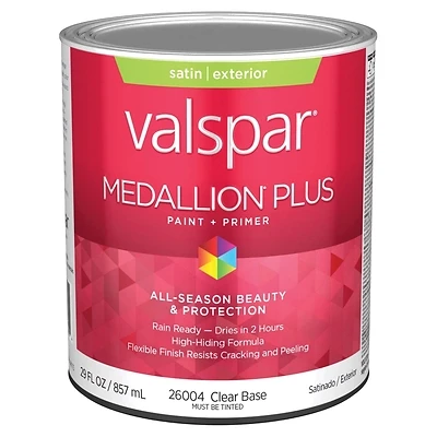Valspar Medallion Plus 028.0026004.005 Satin Exterior Paint & Primer, Clear Base, 1 Quart