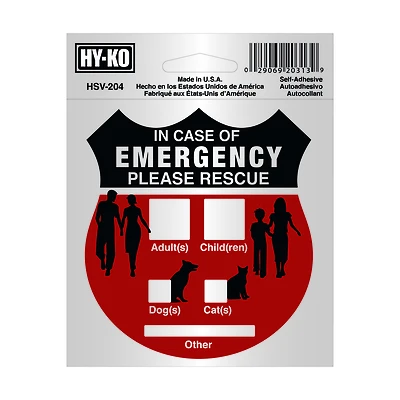 Hy-Ko HSV-204 Emergency Rescue Sign, Vinyl, 4 x 4 In.
