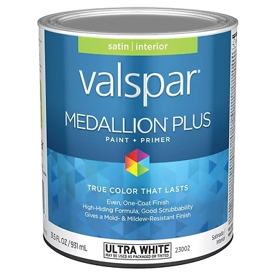 Valspar Medallion Plus Satin Interior Paint & Primer, Ultra White, 1 Qt