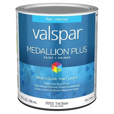 Valspar Medallion Plus 028.0021003.005 Flat Interior Paint & Primer, Tint Base, 1 Quart