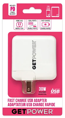 Getpower GP-AC2USB-PD Dual USB AC Adapter, 30W, USB-A and USB-C
