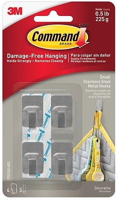 Command 17031SS-4ES Small Hook, 0.5 lb, 4 -Hook, Metal, Gray, Stainless Steel