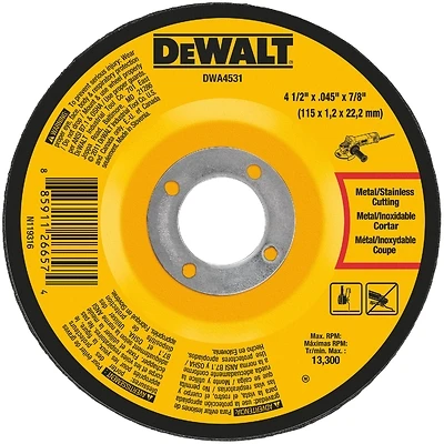 DEWALT DWA4531 Cut-Off Wheel, 4-1/2 in Dia, 0.045 in Thick, 7/8 in Arbor, Very Fine, Aluminum Oxide Abrasive