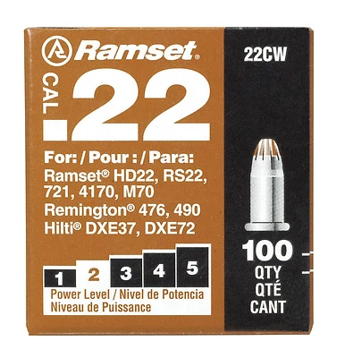 Ramset C22CW Single Shot Powder Load, Power Level: 2, Brown Code, 0.22 in Dia, 2-1/8 in L