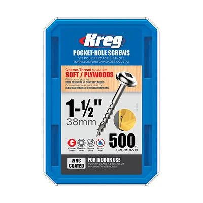 Kreg SML-C150-500 Pocket-Hole Screw, #8 x 1-1/2 In., Zinc, Square Drive, 500 Pk