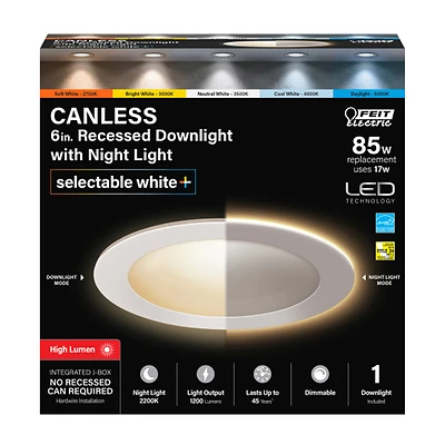 Feit Electric LED6XHONL5CCTCA Canless Recessed Downlight, 6 In, 17W, Night Mode