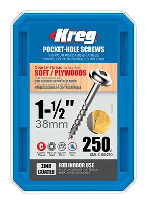 Kreg SML-C150-250 Pocket-Hole Screw, #8 Thread, 1-1/2 in L, Coarse Thread, Square Drive, Carbon Steel, 250/PK