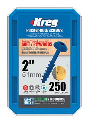 Kreg SML-C2B-250 Blue-Kote Pocket-Hole Screw, #8 x 2 In, 250 Ct
