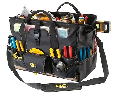 10 In. W X 11 In. H Polyester Tote Bag With Plastic Tray, 37 Pockets, Black/tan