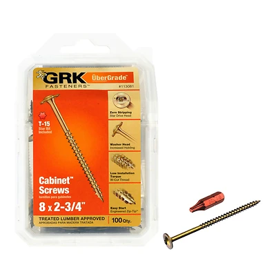 GRK 113081 #8 x 2-3/4 In Yellow Polymer Washer-Head Wood Screws, 100-Count