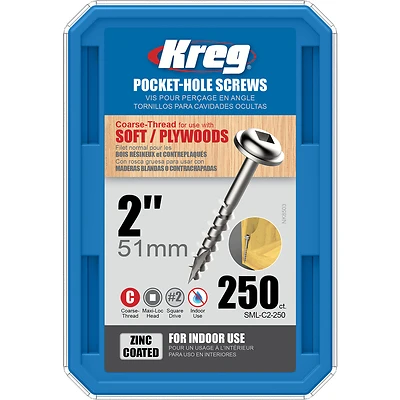 Kreg SML-C2-250 Pocket-Hole Screw #8 x 2 In, Zinc-Plated, 250 Pk
