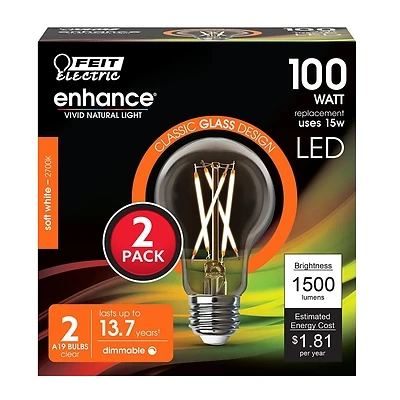 Feit A100CL927CAFIL2 A19 Filament LED Bulb, 100W Equiv, Soft White, 2-Pack