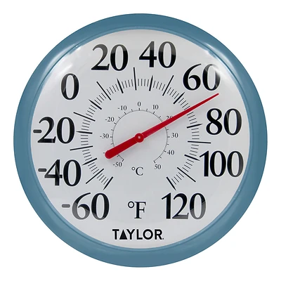 Outdoor Thermometer, White Dial, Teal Bezel, 13.25 In. Round
