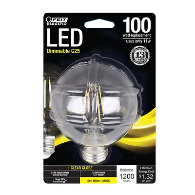 Feit Electric BPG25100927CAFI G25 Filament LED Bulb, Soft White, 100W Equivalent
