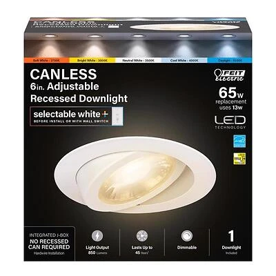 Feit Electric LEDR6XT/ADJ/6WYCA LED Canless Recessed Downlight, 11W, 6 In.