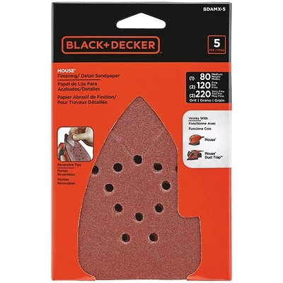 Black+Decker BDAMX-5 Mouse Detail Sander Sandpaper, Assorted Grit, 5-Pack