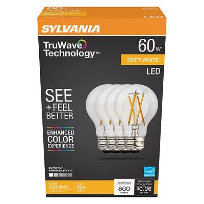 Sylvania 40687 TruWave A19 LED Bulb, Soft White, 60W Equivalent, 4-Pack