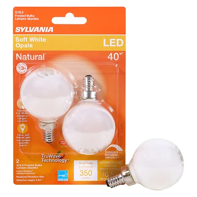 Sylvania 40797 Natural G16.5 LED Bulb, E12 Base, 40W Equiv, Soft White, 2-Pk