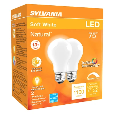 Sylvania 40750 A19 LED Bulb, Soft White, 75W Equivalent, 11W, 2-Pack