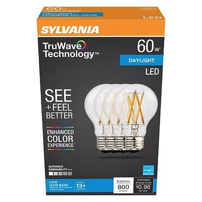 Sylvania TruWave A19 LED Bulb, 60W Equivalent, Daylight, Dimmable, 4-Pack