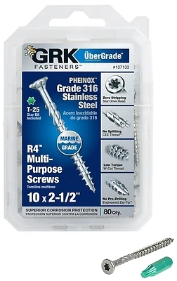 GRK 137133 #10 x 2-1/2 In. Star Drive Stainless Steel Wood Screws, 80-Pack