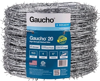 Gaucho 20 High-Tensile Barbed Wire, 15.5 Gauge, 4-Point, 5 In. Spacing, 1320 Ft.