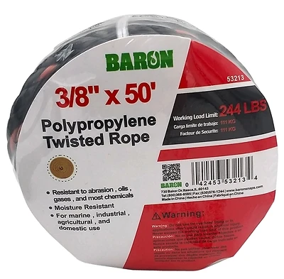 Baron 53213 Truck Rope, 3/8 In X 50 Ft, Polypropylene, Orange & Black