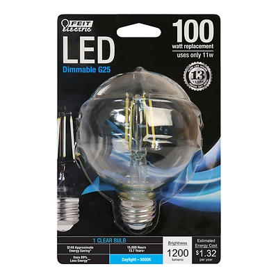 Feit Electric BPG25100850FLED G25 Filament LED Bulb, Daylight, 100W Equivalent, 1 Pk