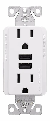 Eaton TR7765W-KB-L Duplex Receptacle with USB Charger, 15A, White
