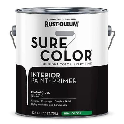 Rust-Oleum 380228 Sure Color Interior Wall Paint & Primer, Semi-Gloss Black, 1 Gallon
