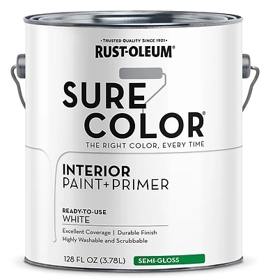 Rust-Oleum 380227 Sure Color Interior Wall Paint & Primer, Semi-Gloss White, 1 Gallon