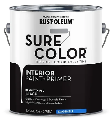 Rust-Oleum 380218 Sure Color Interior Wall Paint & Primer, Eggshell Black, 1 Gallon