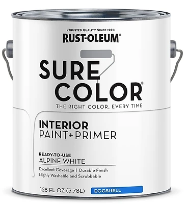 Rust-Oleum 380219 Sure Color Interior Wall Paint & Primer, Eggshell Alpine White, 1 Gallon